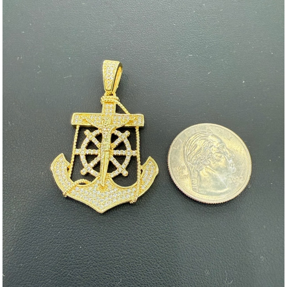 Anchor Wheel Pendant 925 Sterling Silver Gold Plated Iced CZ Charm 1.8 inch - Picture 2 of 3